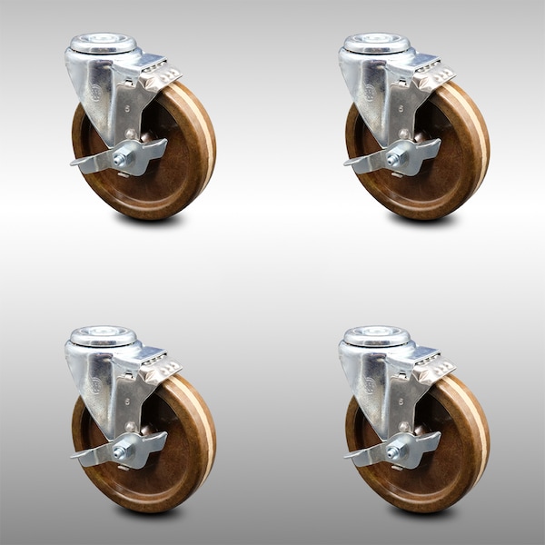5 Inch SS High Temp Phenolic Wheel Swivel Bolt Hole Caster Set with Brake SCC